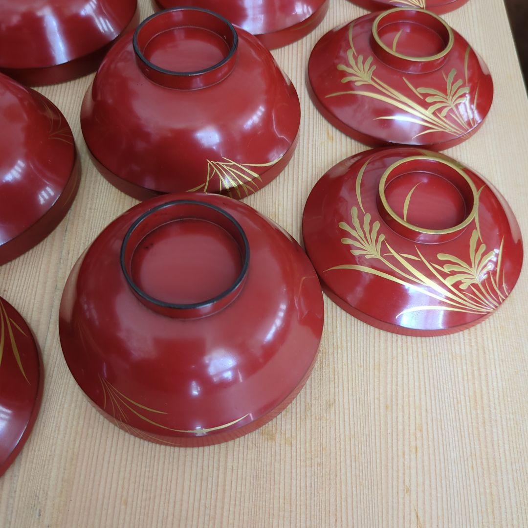 骨董　蓋付き椀　お椀　漆器　木製　蒔絵　花と蝶々　金彩　5つ〜