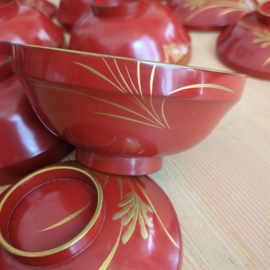 骨董　蓋付き椀　お椀　漆器　木製　蒔絵　花と蝶々　金彩　5つ〜