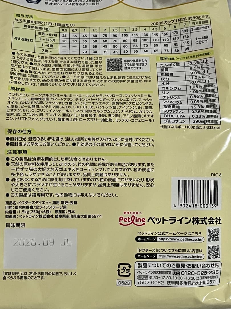 ドクターズダイエット 避妊去勢 猫　1.5kg ×２袋、250g×5袋