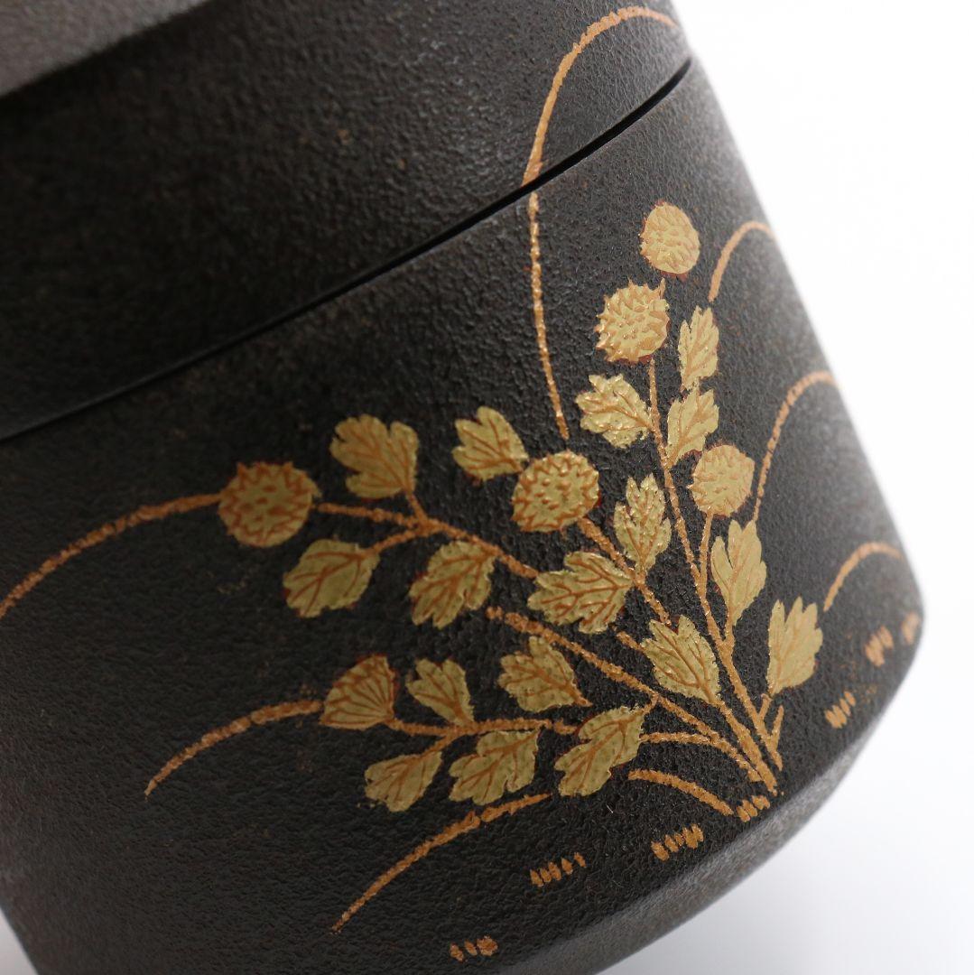 祥雲作 十月 残菊に鶴 雪吹 中次 茶筒 金蒔絵 共箱共布 茶道具　C435