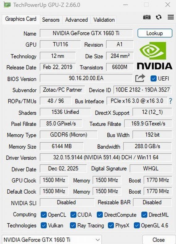 中古ZOTACGAMING GTX1660Ti 6GB192BIT GDDR6