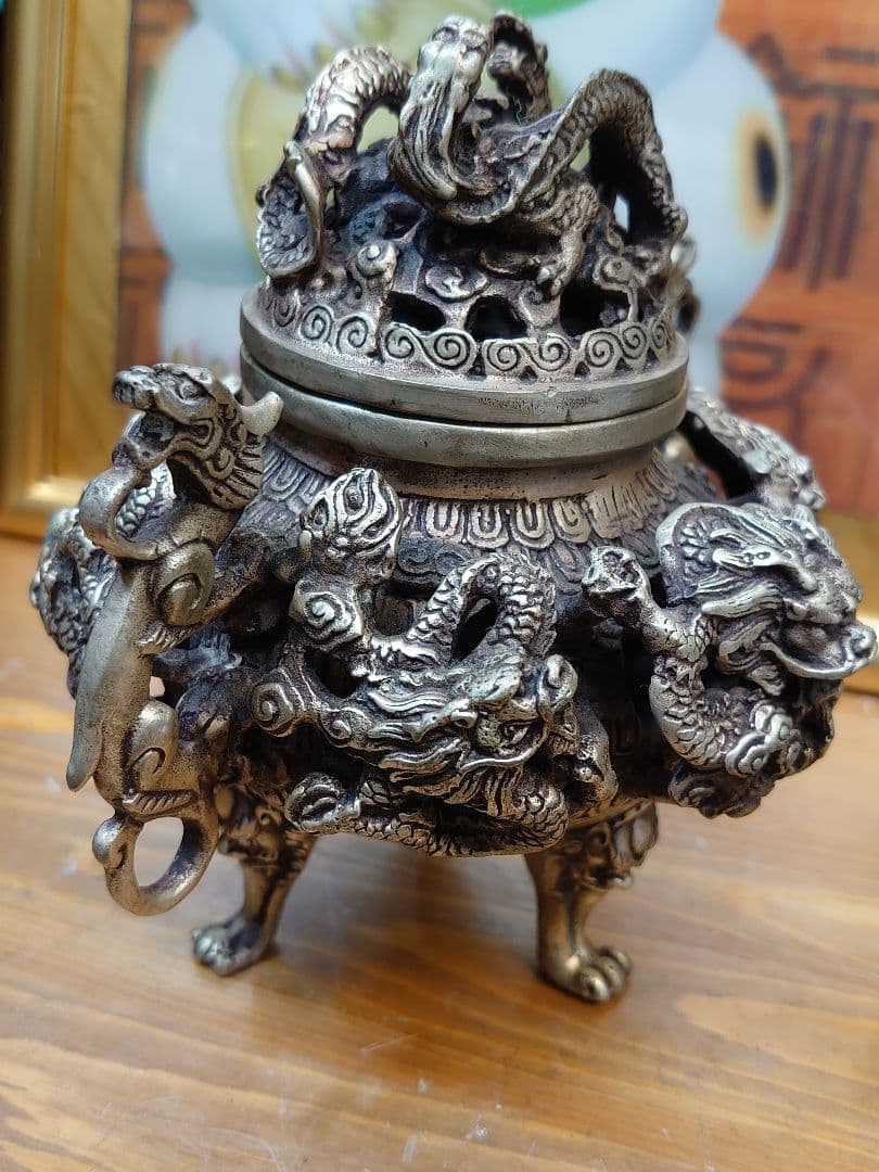開運 龍 龍神 九頭龍 九龍香炉 白銅製（洋銀）中国 大明宣徳年製