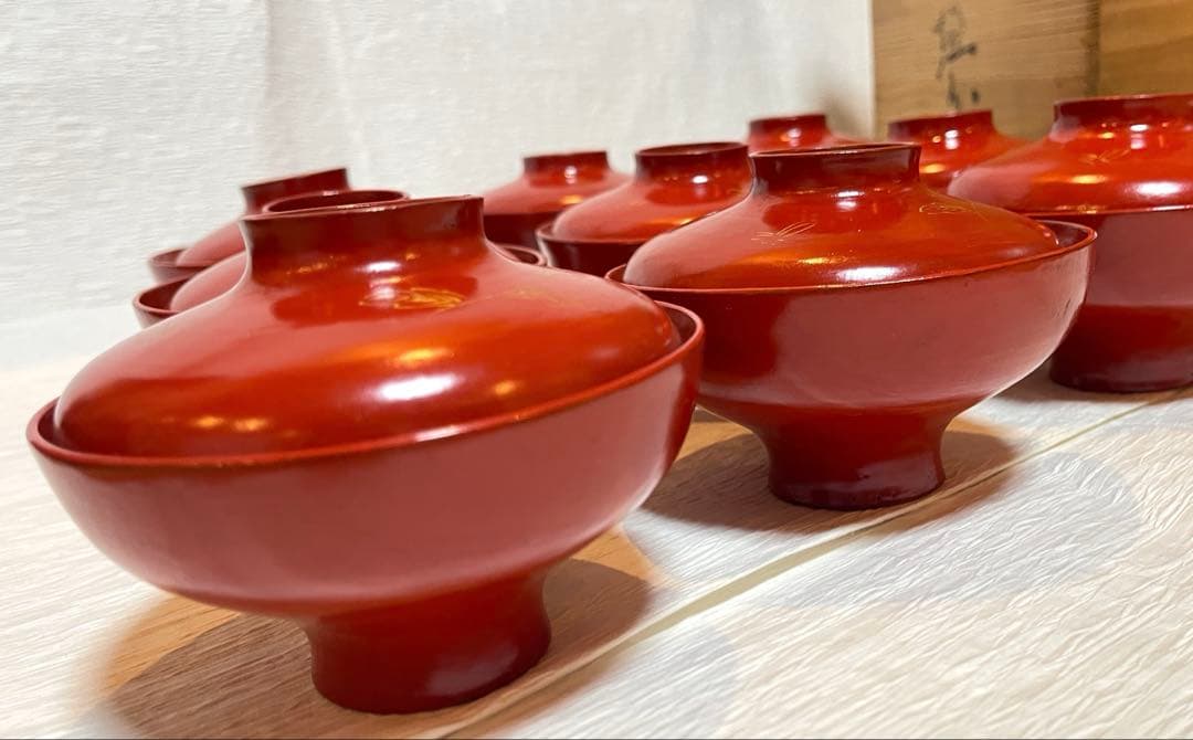 時代物 天然木　漆器 本珠 吸物椀 蓋付き 10客セット 木箱付 171
