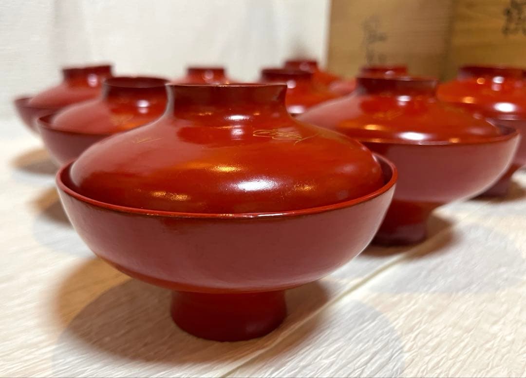 時代物 天然木　漆器 本珠 吸物椀 蓋付き 10客セット 木箱付 171