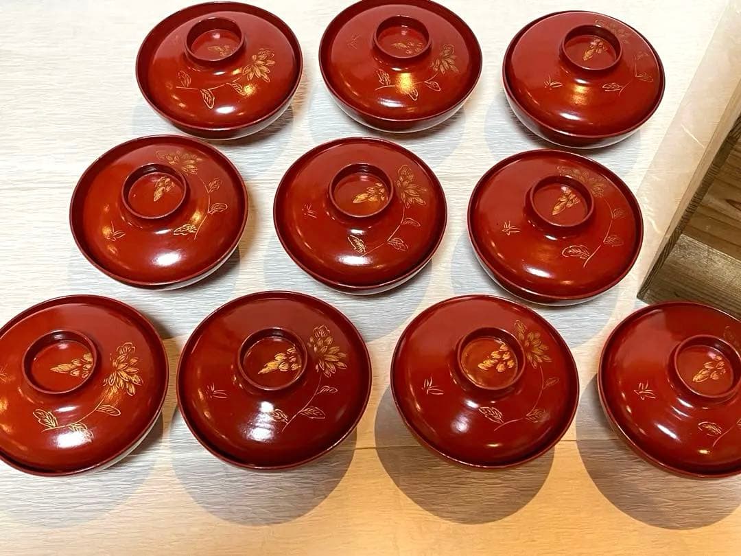 時代物 天然木　漆器 本珠 吸物椀 蓋付き 10客セット 木箱付 171
