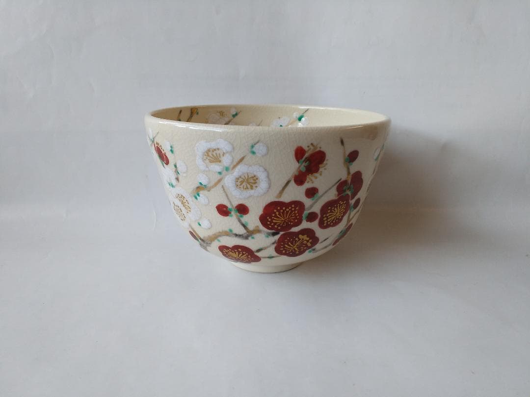 京焼 通次阿山 作 抹茶碗『仁清写 紅梅白梅』共箱 茶碗 茶道具 抹茶茶碗 新品