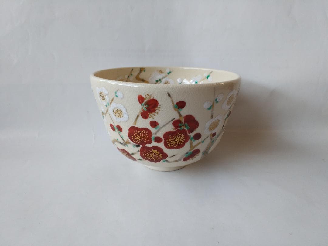 京焼 通次阿山 作 抹茶碗『仁清写 紅梅白梅』共箱 茶碗 茶道具 抹茶茶碗 新品