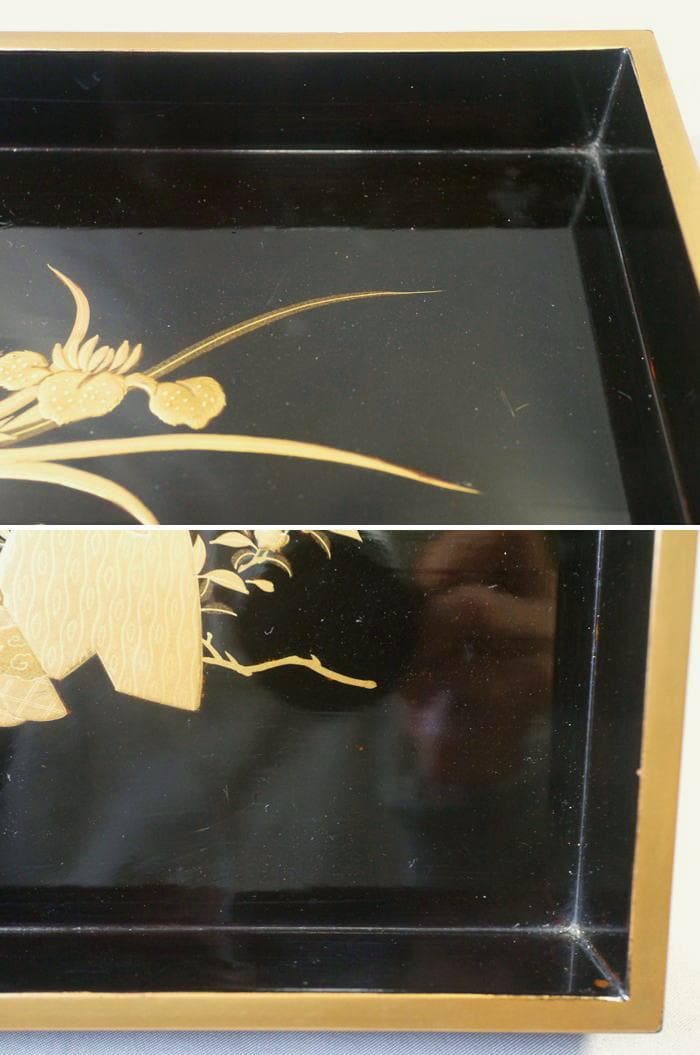 美しい雛ノ図と兜ノ図　木製金蒔絵　四方盆の小　桃の節句端午の節句