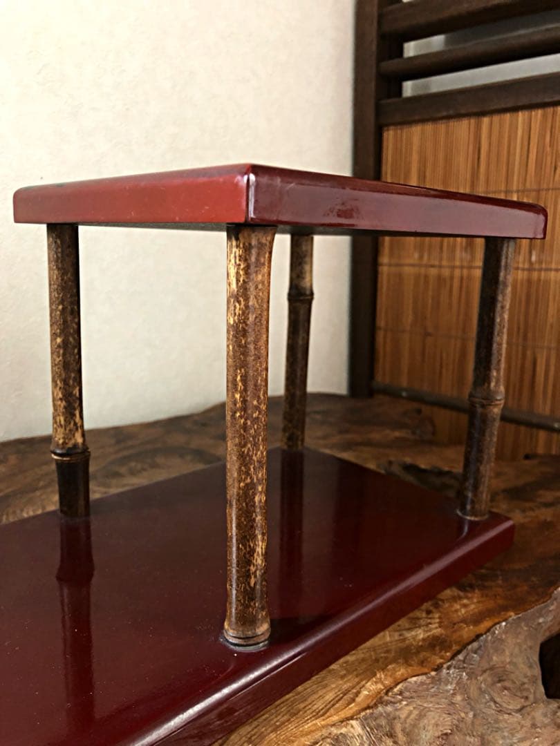 茶器 煎茶 道具 竹工細工 紅葉 菊紋 朱塗り 段違い台 時代