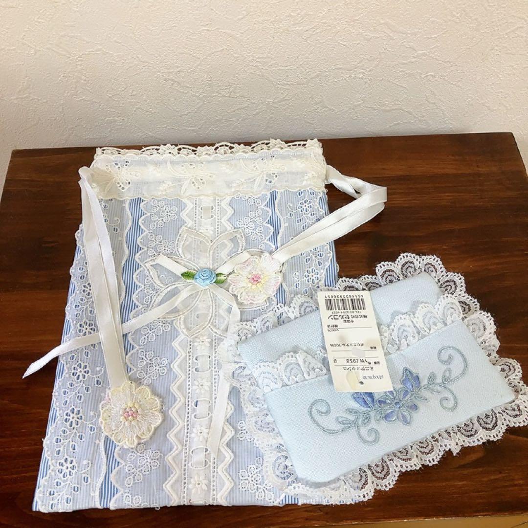 ❄️レース 巾着 小物入れ ティッシュケース ブルー