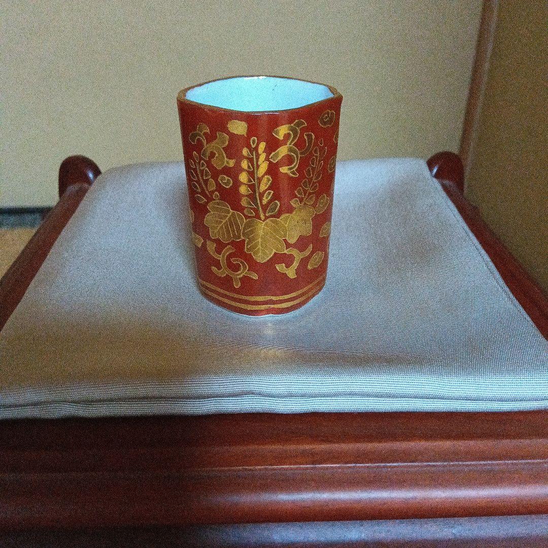 【煎茶道具】赤地金襴手 四方入り角 茶巾筒 井上春峰造