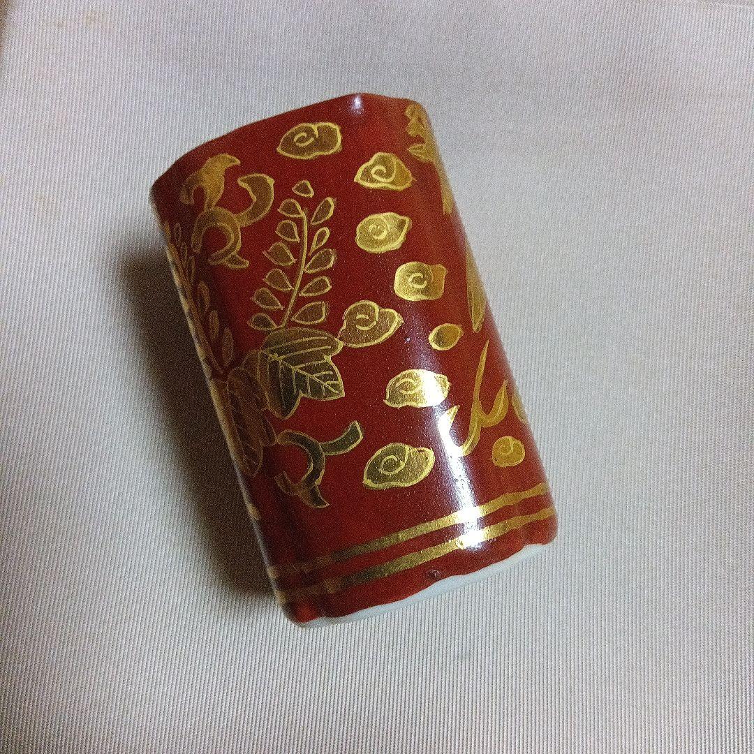 【煎茶道具】赤地金襴手 四方入り角 茶巾筒 井上春峰造