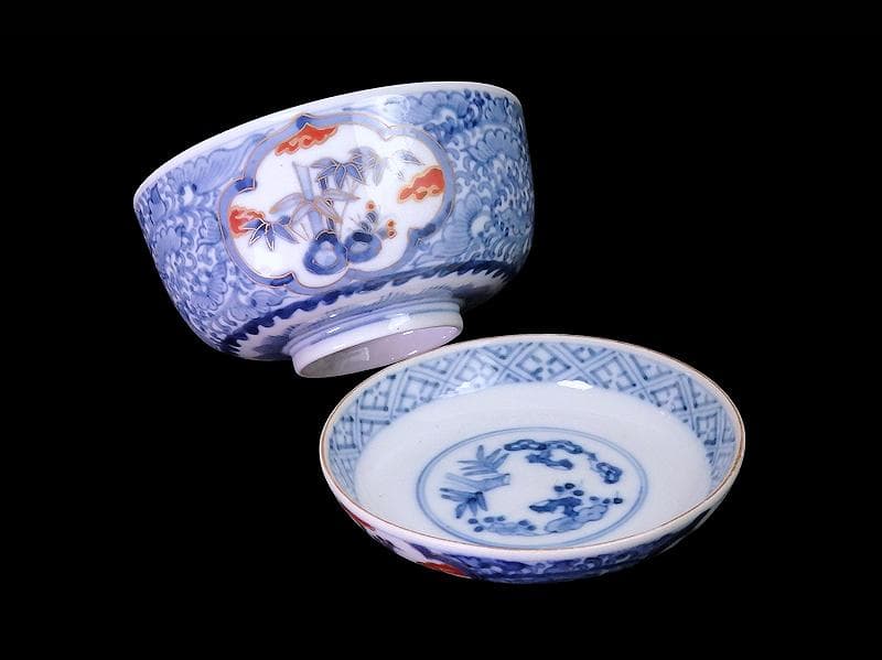 九谷　大聖寺伊万里　染錦　唐草に松竹梅の図　大振蓋茶碗　C435AS-fbvp