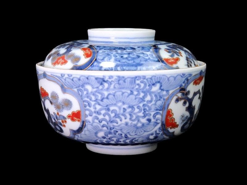 九谷　大聖寺伊万里　染錦　唐草に松竹梅の図　大振蓋茶碗　C435AS-fbvp