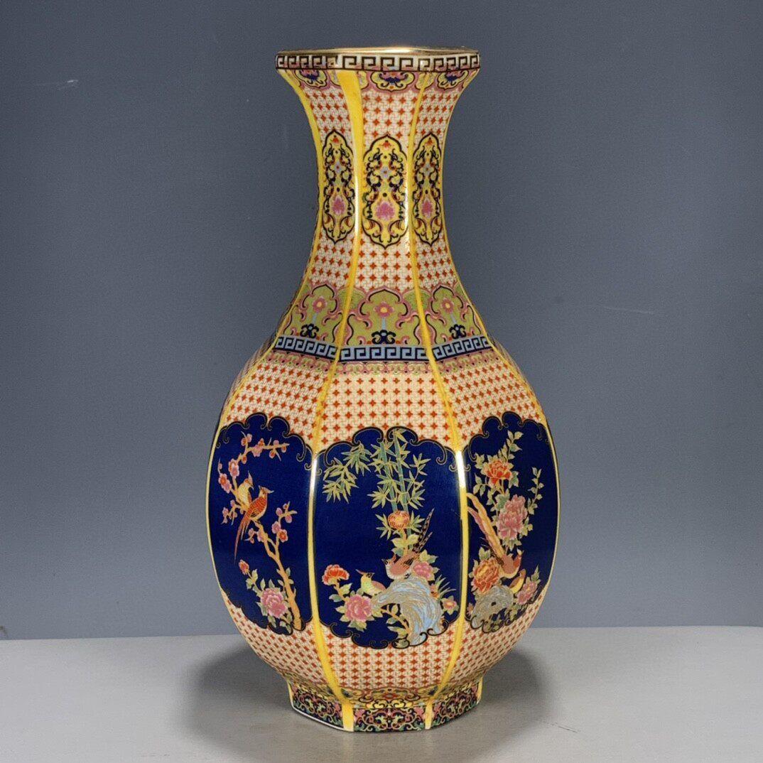 景徳鎮 パステル蒔絵花鳥六稜花瓶 陶磁器 装飾品 現代工芸品 美術品 置物