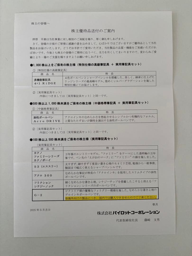 PILOT 2025 株主優待品