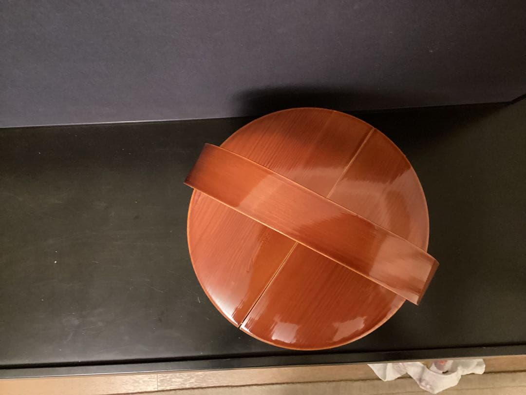 天然木　飛騨春慶塗　丸形重箱 二段重　持ち手 重箱　直径24　高さ24cm