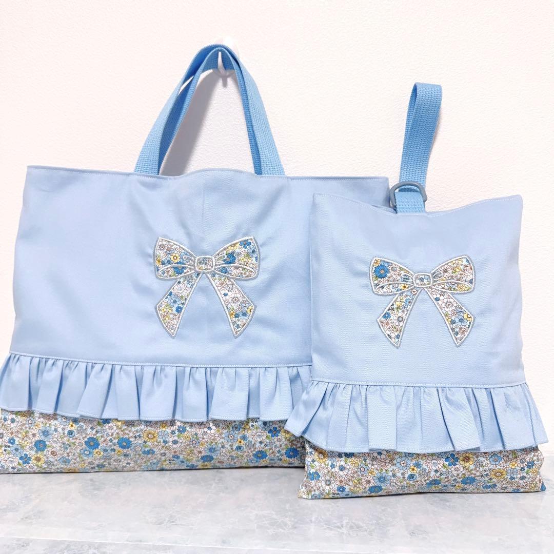 手提げ袋　体操着袋　上靴袋　3点　花柄　刺繍　レッスンバック　水色　入園入学