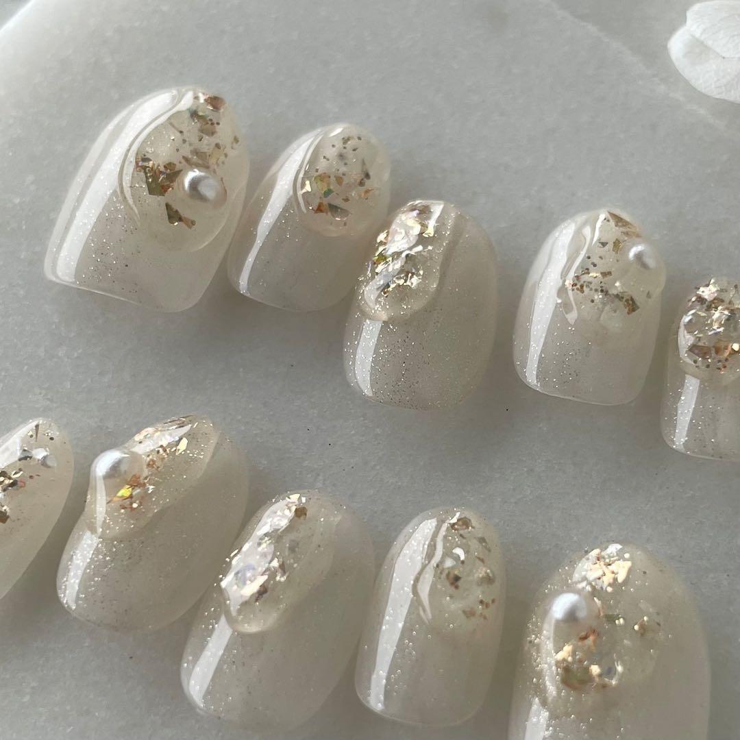【chai.nail】クリアホワイトのうるうるラメネイル　ネイルチップ