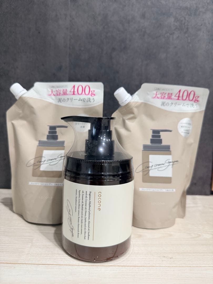 coconeクレイクリームシャンプー 本体+詰め替え400g2個付き