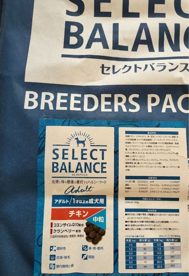 セレクトバランス アダルト 1才以上の成犬用 チキン 中粒 15kg