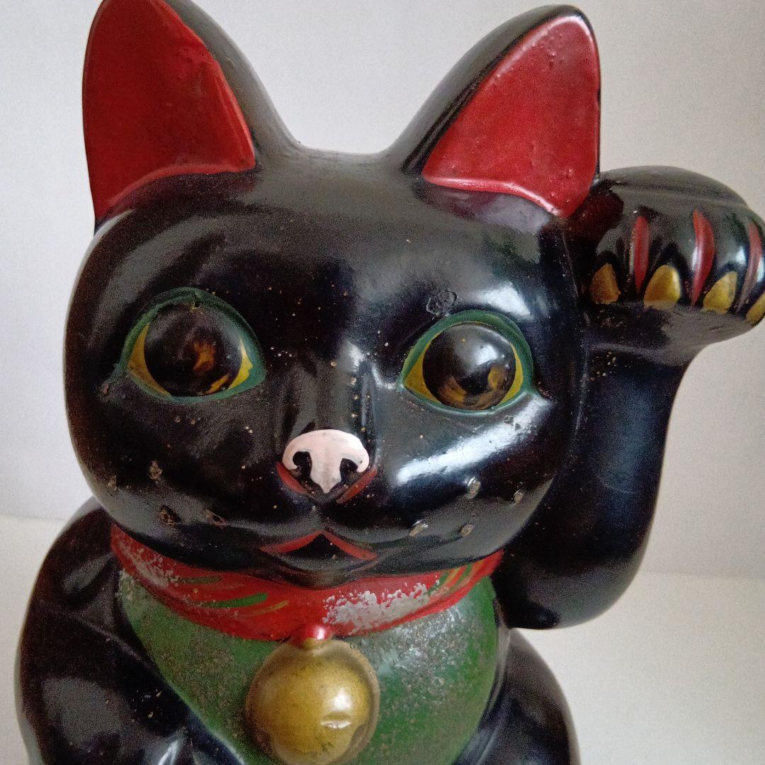 招き猫 陶器製 黒色 約25cm