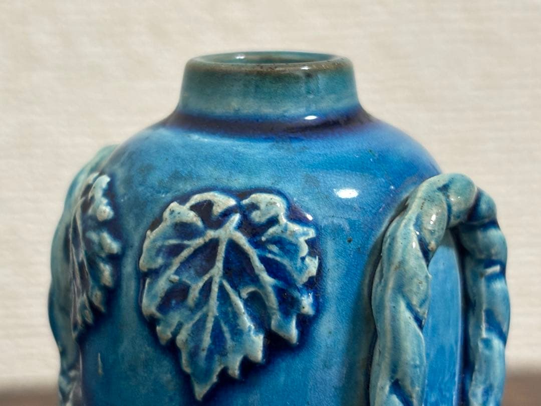 李朝　総瑠璃釉 葡萄文小壷 /骨董 古美術 壺 茶道具 唐物 染付 古玩