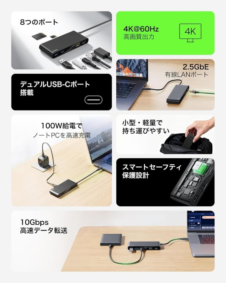 【Belkin 最新商品・8-IN-1】マルチポートハブ USB-C 4K@60