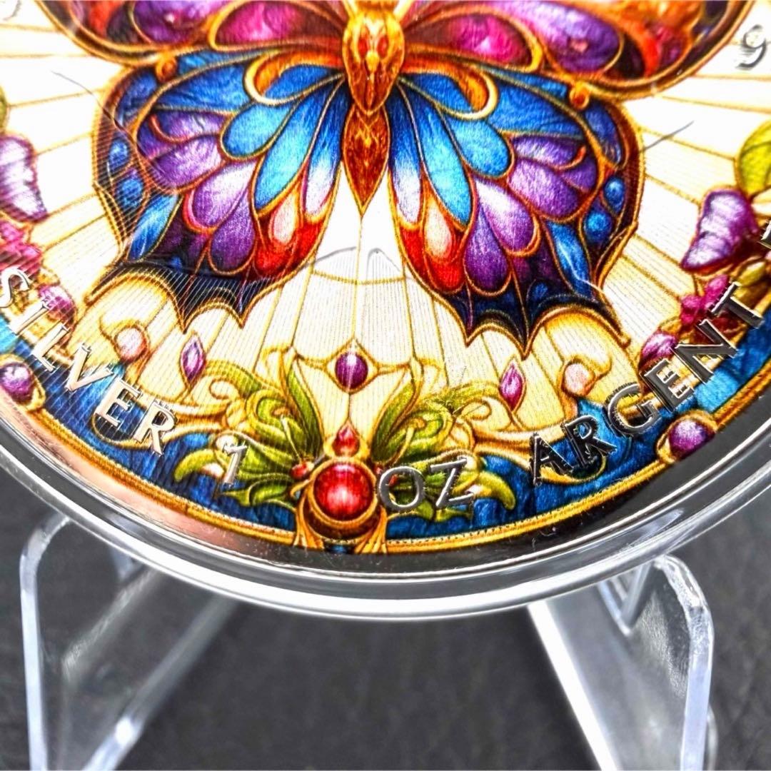 メイプルリーフ 銀貨 カラー ステンドグラスバタフライ 動物と芸術の調和 1oz