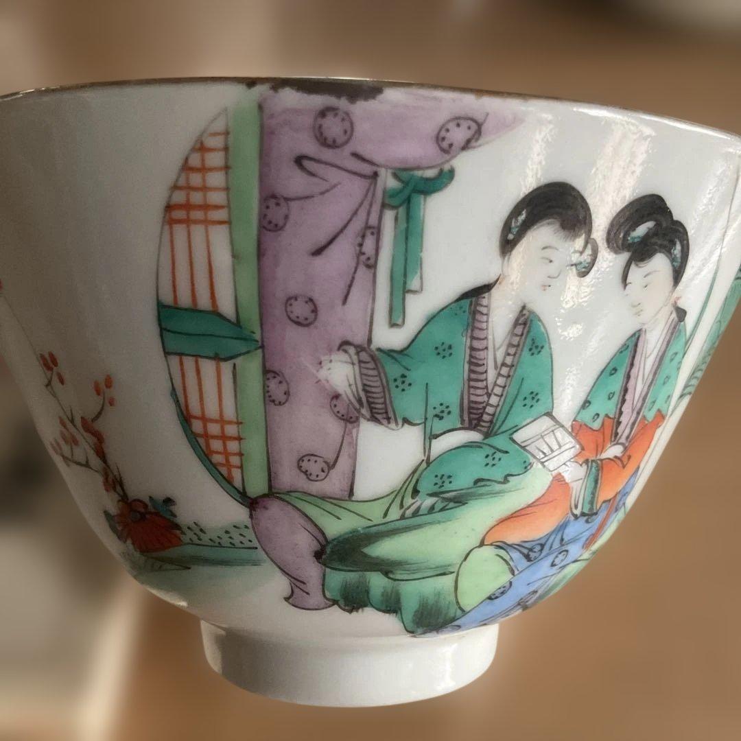 中国民国時代の茶碗 女性絵柄、可人如玉