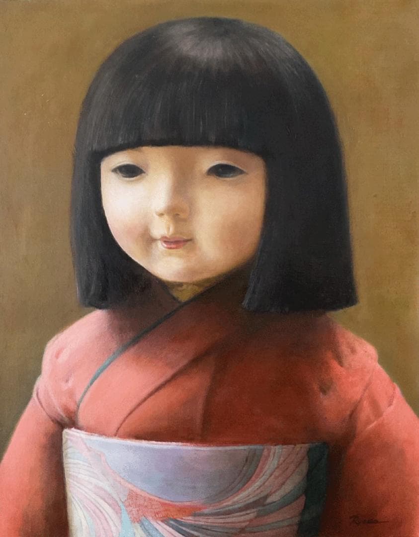 ❤️新作 油絵菅家令子絵画インテリア額(青緑＋金色枠)F6-010226市松人形