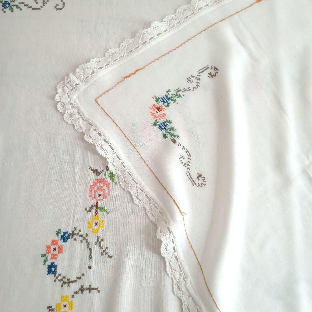 刺繍テーブルクロス／ふちレース／コットン／スウェーデン／北欧ヴィンテージ