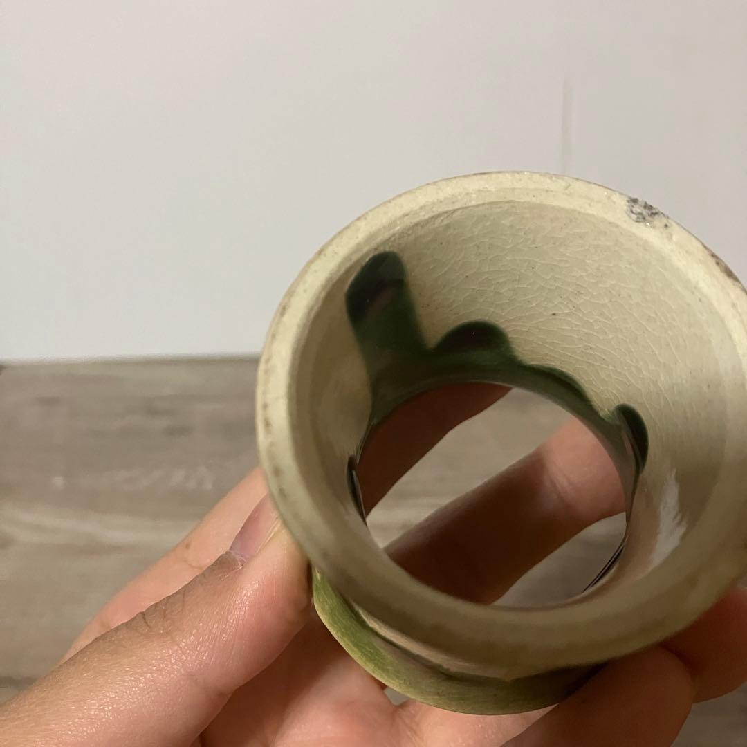 3F 【茶道具】織部焼 陶器製 蓋置（ふたおき） 貫入・花文様 昭和レトロ
