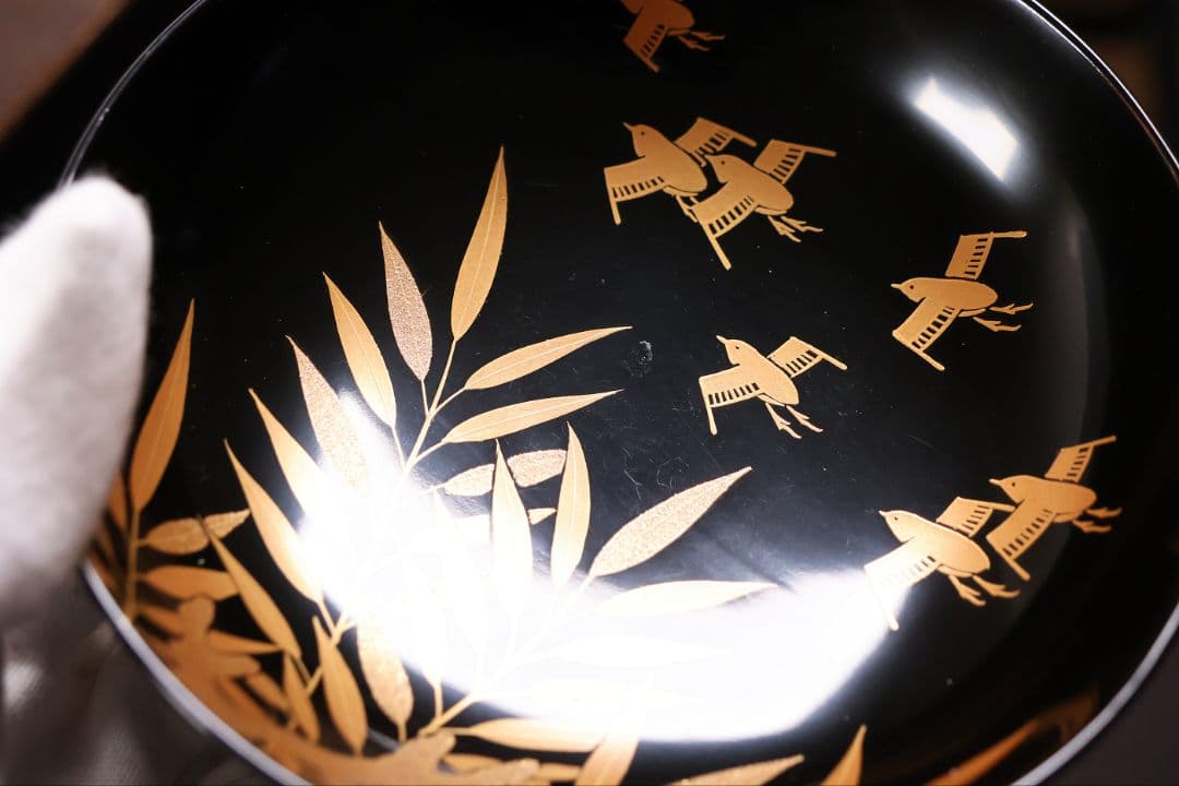 【CM451】天然木漆塗 芦千鳥金蒔絵 艶消黒 吸物椀 五客 昭和 漆芸 漆器