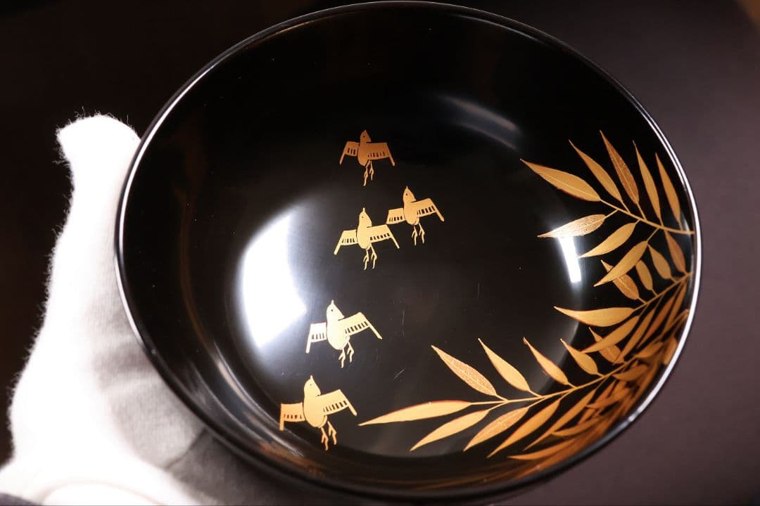 【CM451】天然木漆塗 芦千鳥金蒔絵 艶消黒 吸物椀 五客 昭和 漆芸 漆器