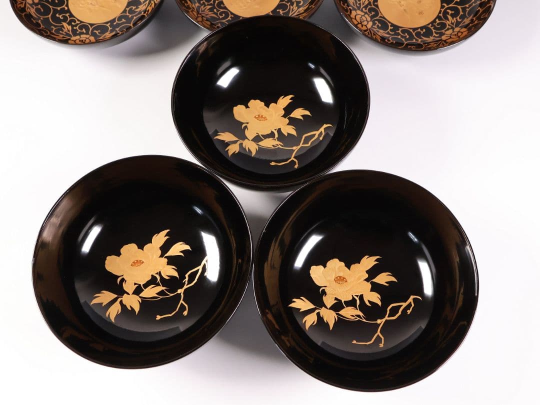 【CM433】天然木漆塗 獅子牡丹唐草金蒔絵 黒塗椀 三客 / (検) 輪島加賀