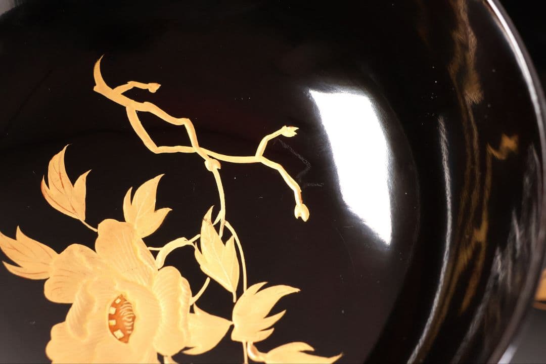 【CM433】天然木漆塗 獅子牡丹唐草金蒔絵 黒塗椀 三客 / (検) 輪島加賀