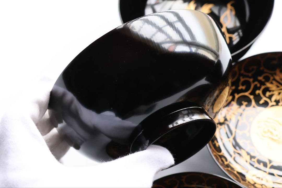 【CM433】天然木漆塗 獅子牡丹唐草金蒔絵 黒塗椀 三客 / (検) 輪島加賀
