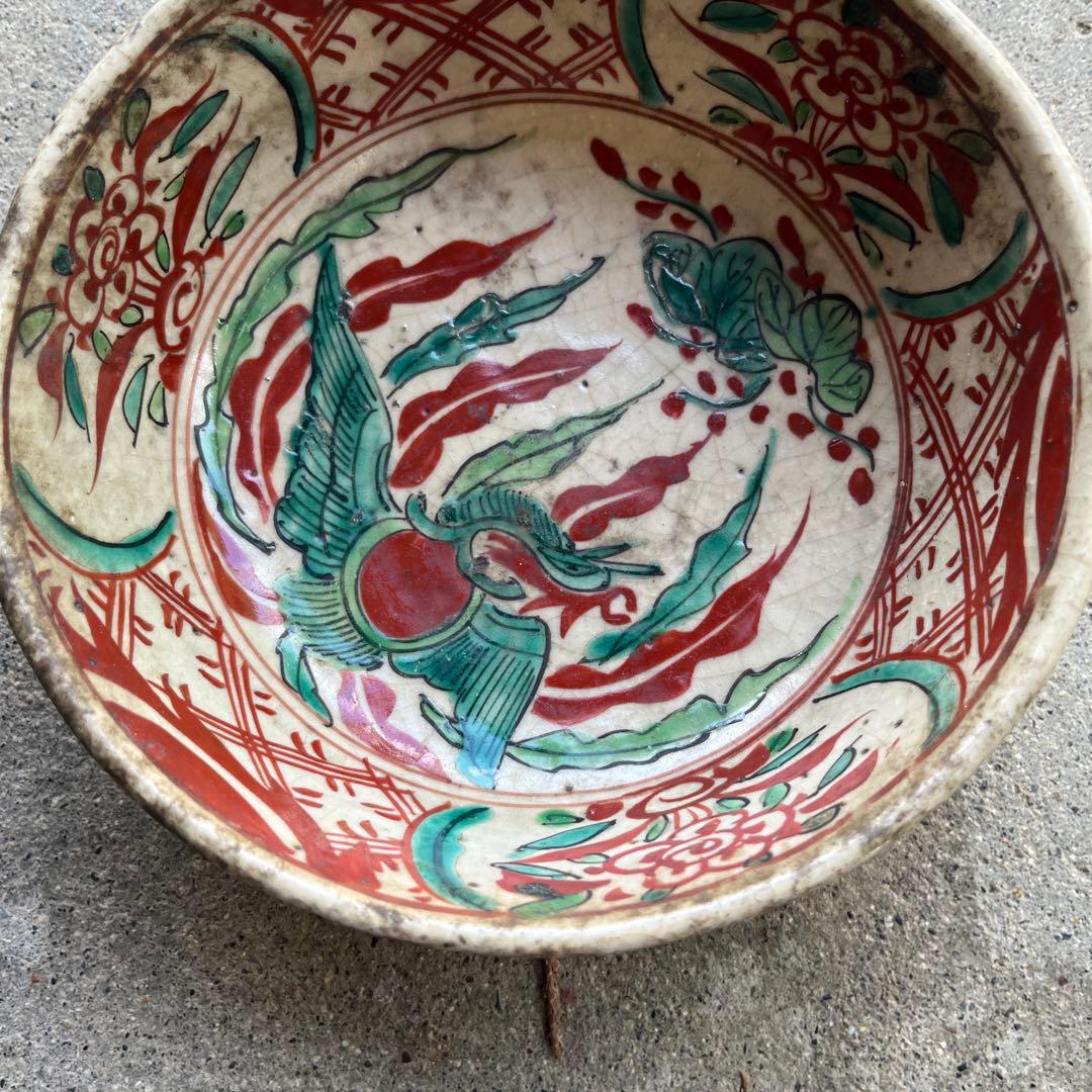 骨董　古犬山焼　赤絵　菓子器　赤玉　なます皿　江戸後期　金継ぎ
