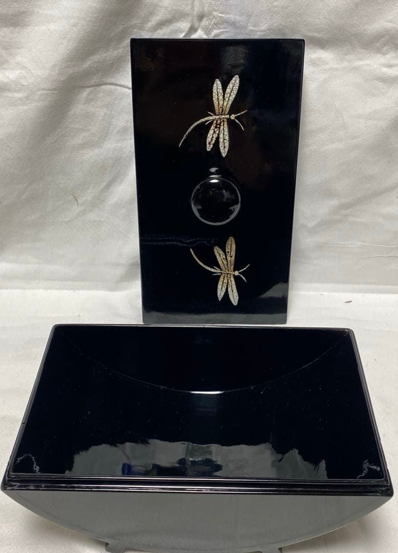 日本伝統工芸品 黒漆器 トンボ柄象嵌入り装飾 美品