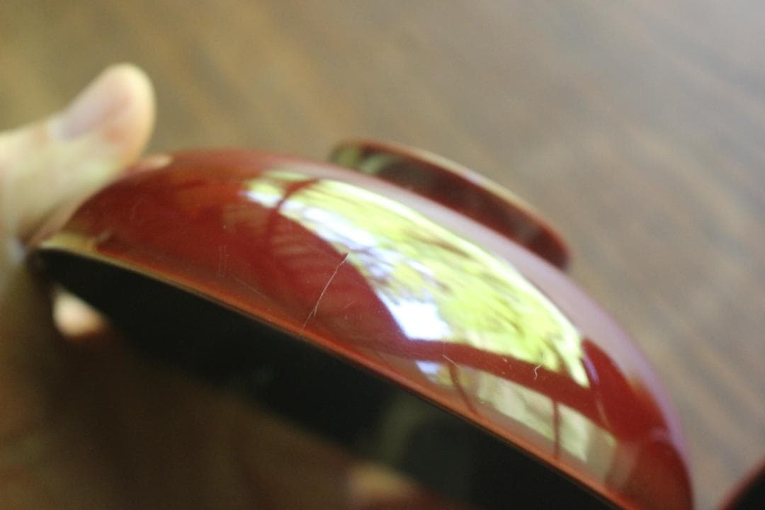 小傷有！時代紅溜塗に優美な紅白梅鶯蒔絵の映えるお椀2点（検輪島塗京塗蒔絵椀
