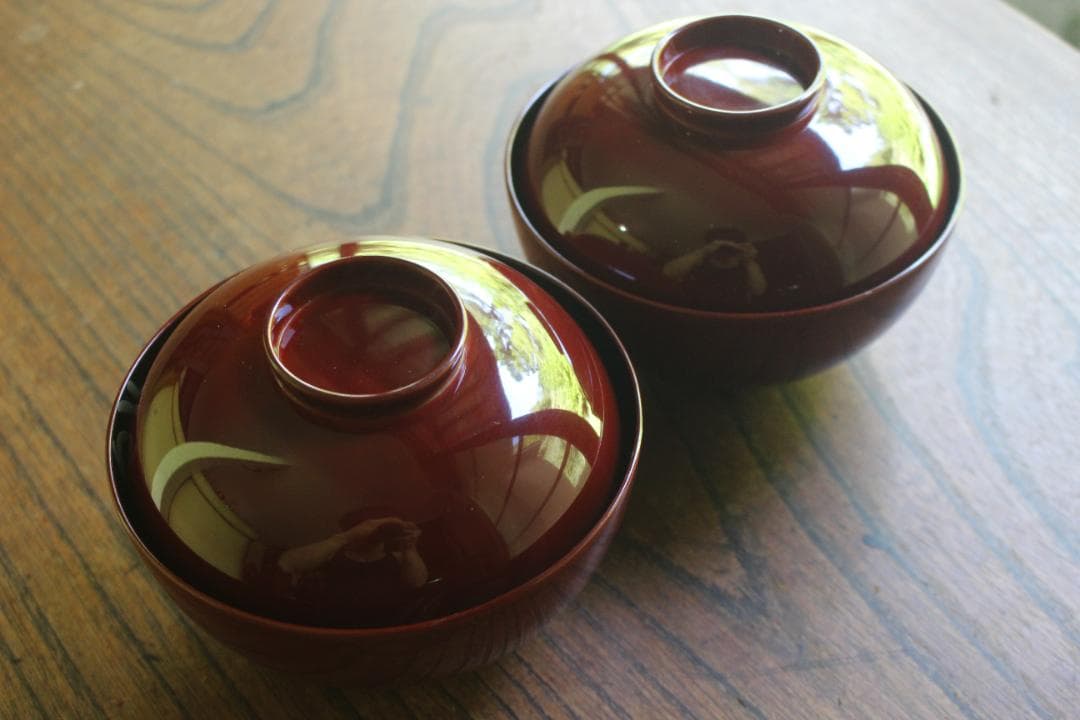 小傷有！時代紅溜塗に優美な紅白梅鶯蒔絵の映えるお椀2点（検輪島塗京塗蒔絵椀