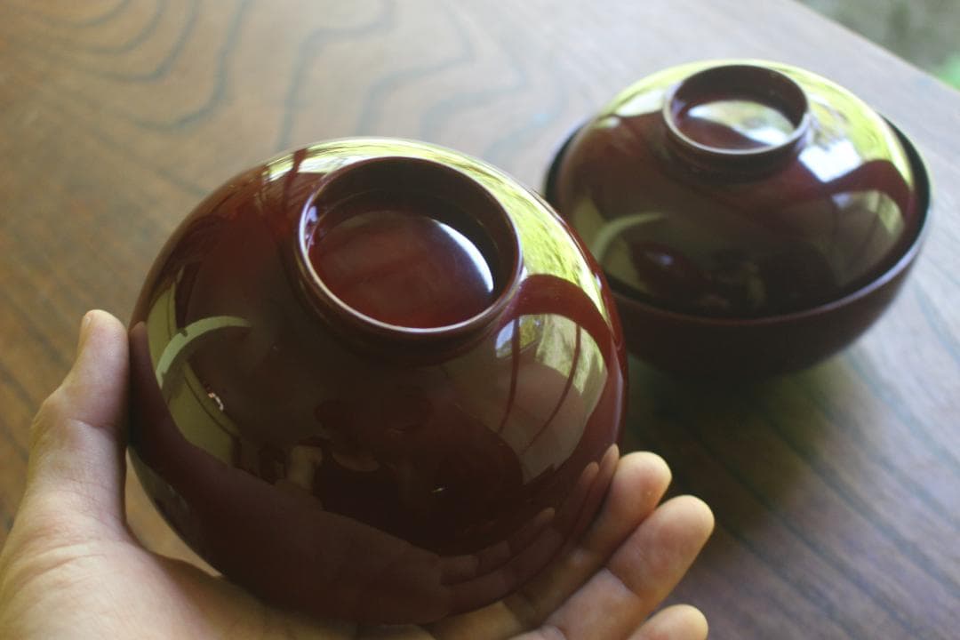 小傷有！時代紅溜塗に優美な紅白梅鶯蒔絵の映えるお椀2点（検輪島塗京塗蒔絵椀