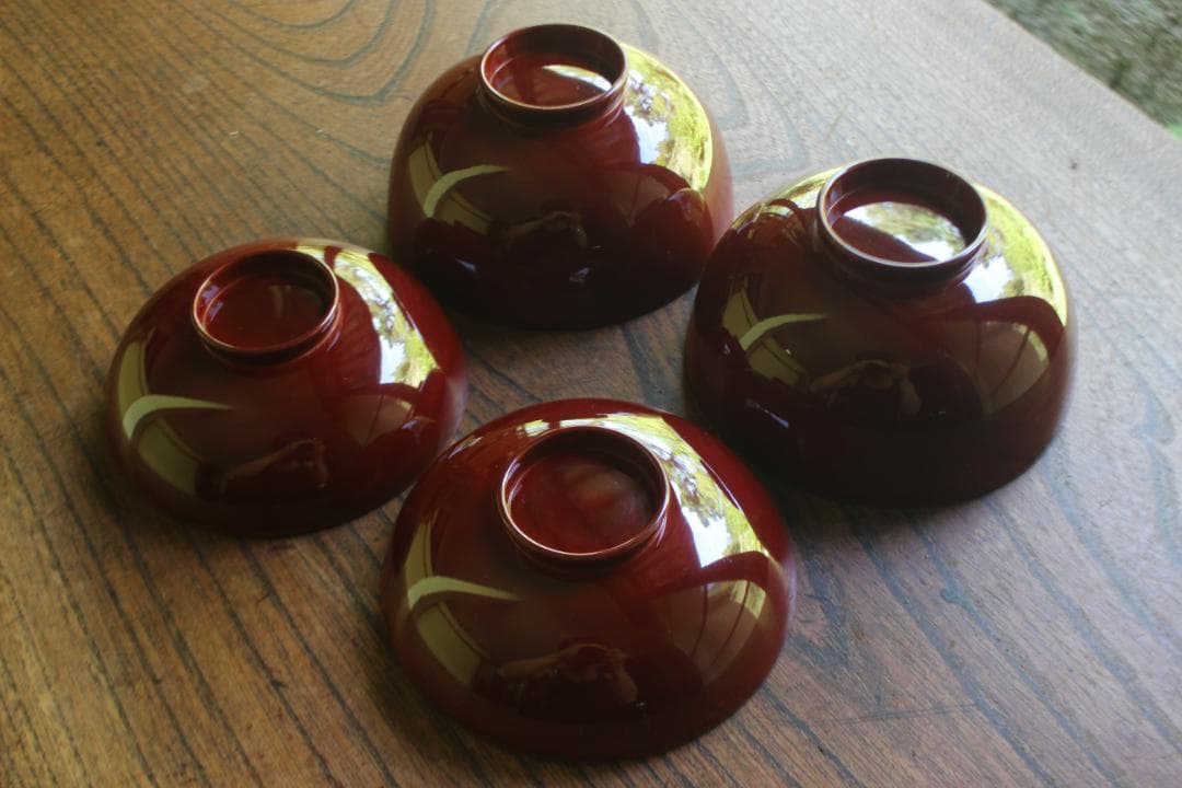 小傷有！時代紅溜塗に優美な紅白梅鶯蒔絵の映えるお椀2点（検輪島塗京塗蒔絵椀