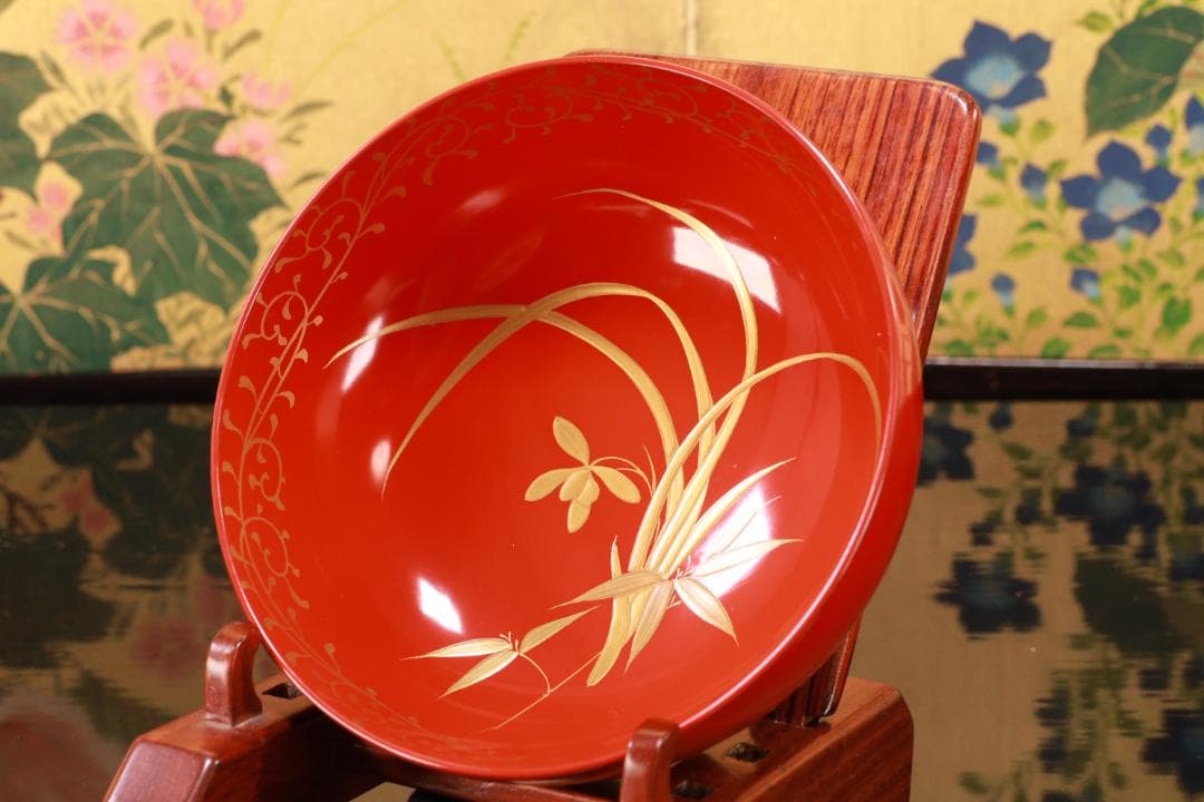 BJ120　時代輪島塗　四君子図蒔絵　吸物椀　五客　木製　茶道具 懐石 会席