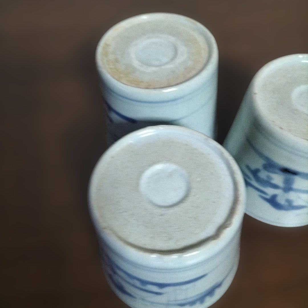 蕎麦猪口　古伊万里　染め付け　切込　風景図柄　3脚おまけ2個