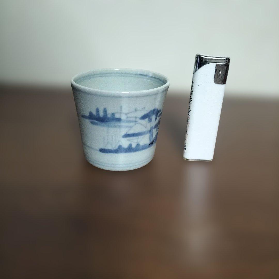 蕎麦猪口　古伊万里　染め付け　切込　風景図柄　3脚おまけ2個