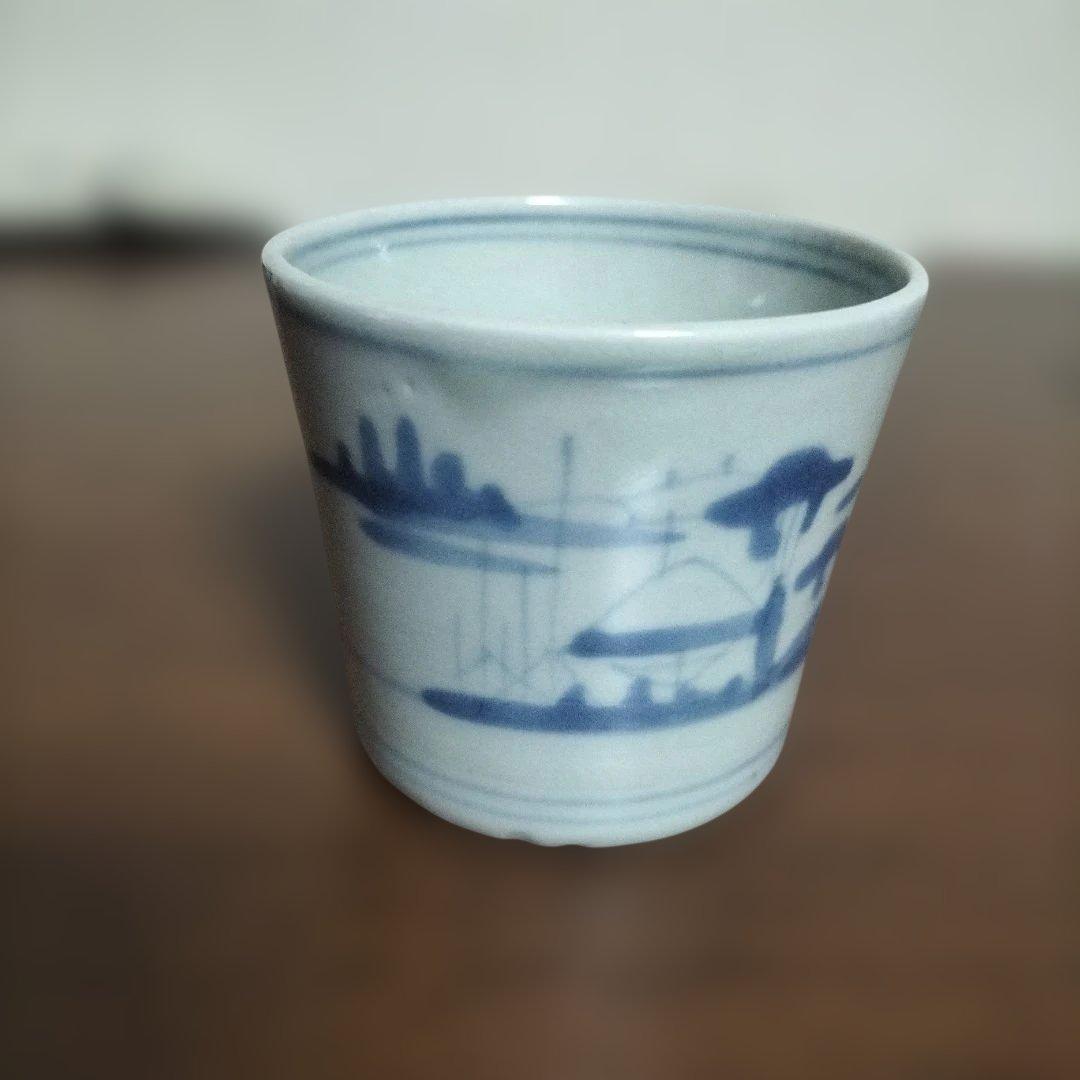 蕎麦猪口　古伊万里　染め付け　切込　風景図柄　3脚おまけ2個