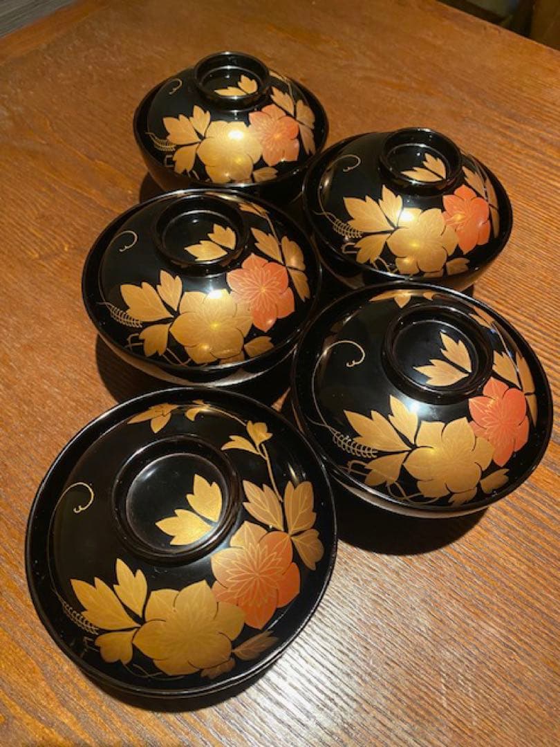 【美品】輪島塗 鉄仙蒔絵付 吸物椀五客セット 共箱 茶道具 懐石道具