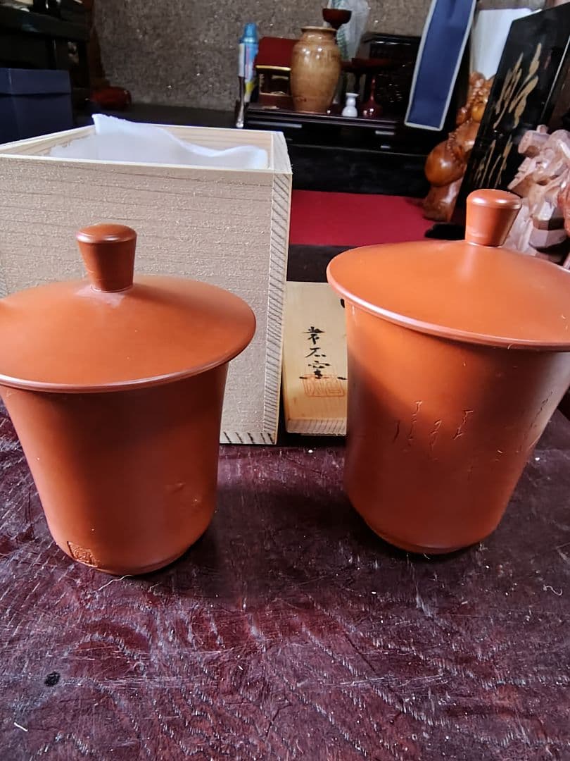 陶器 蓋付き容器 2個セット 木箱付き